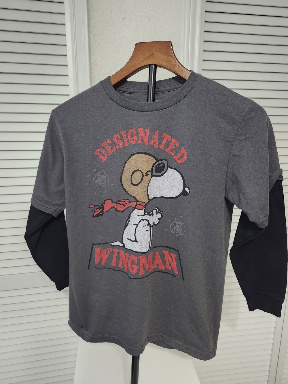 Peanuts Gray Long Sleeve Tee with Black Layered Sleeves and Red Graphic
